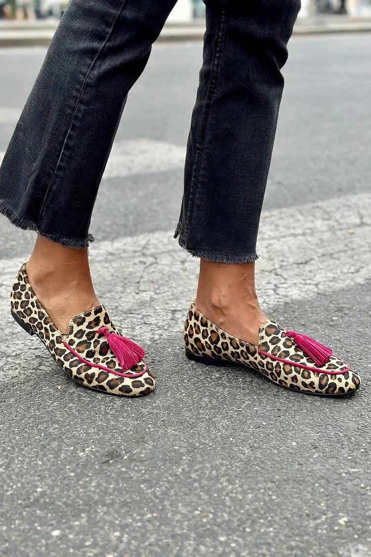 Animal Print Loafers with Fuchsia Fringing