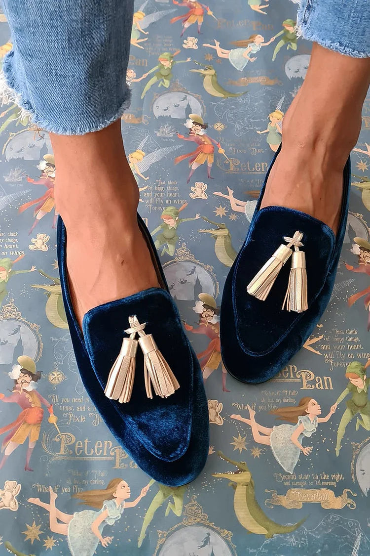 Midnight Elegance Loafers with Champagne Tassels