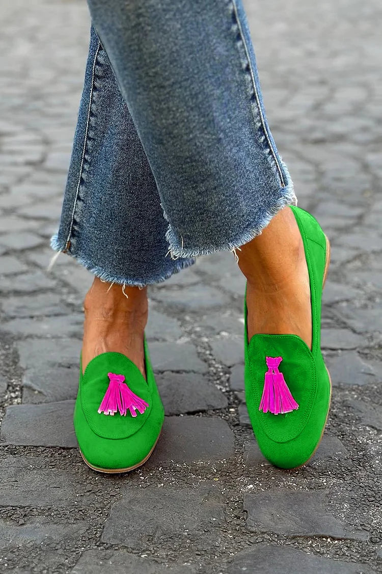 Green Loafers with Fuchsia Tassels
