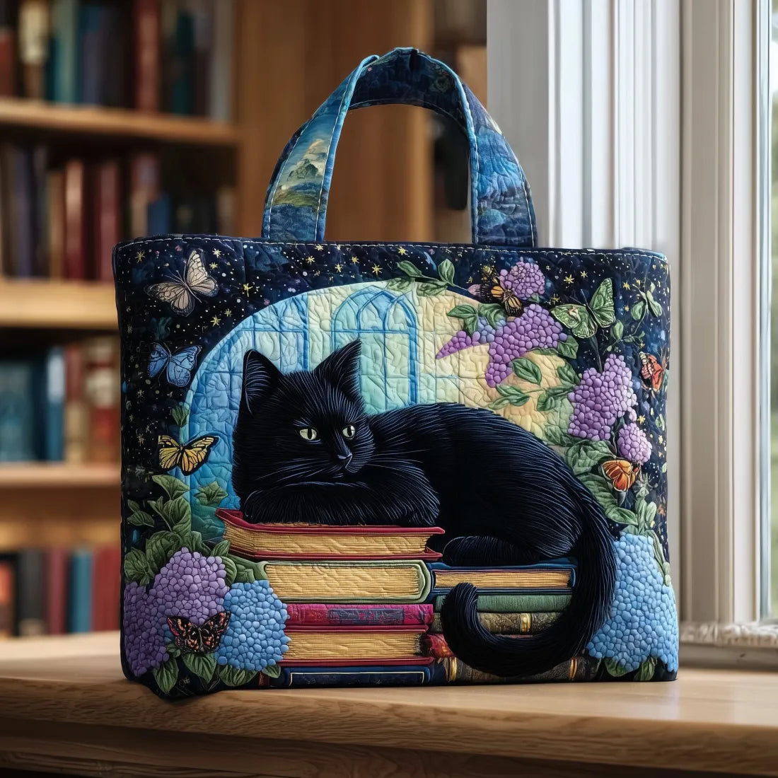 Black Cat on Books Quilted Bag