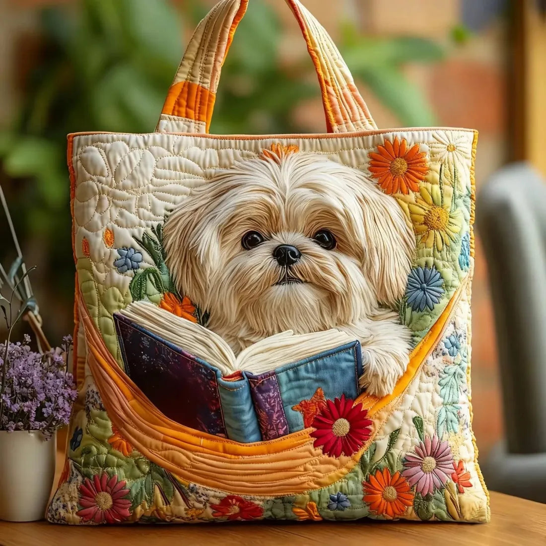 Shih Tzu with Book and Flowers Quilted Bag