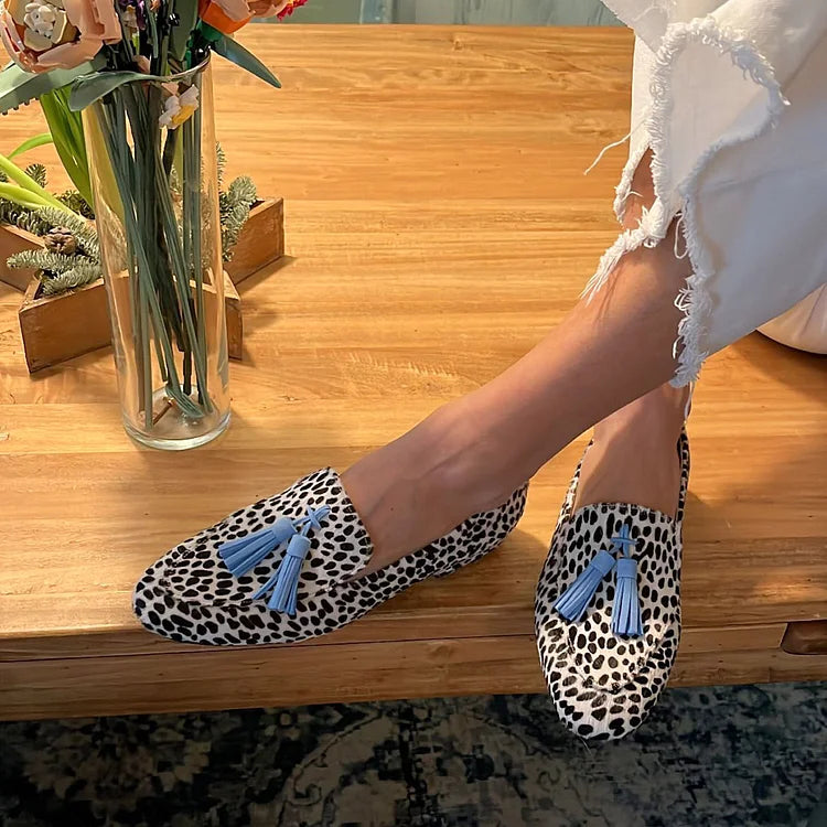 Leopard Print Loafers with Blue Tassels