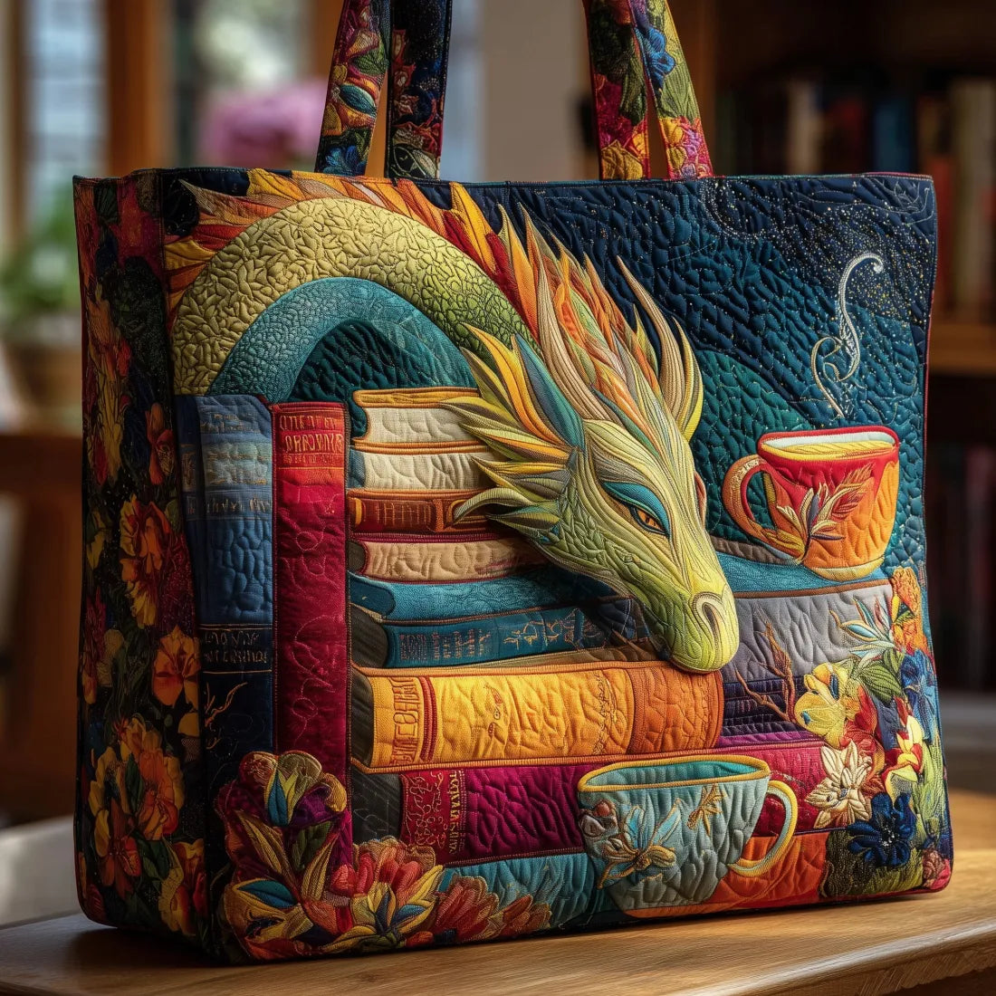 Reading Dragon with Books and Mugs Quilted Bag