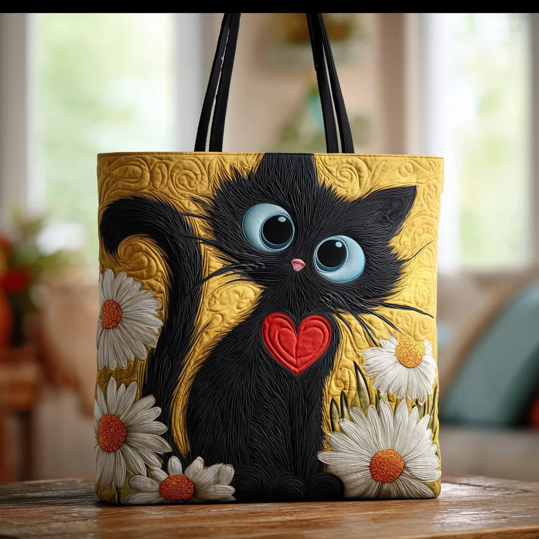 Black Cat with Heart and Daisies Quilted Bag