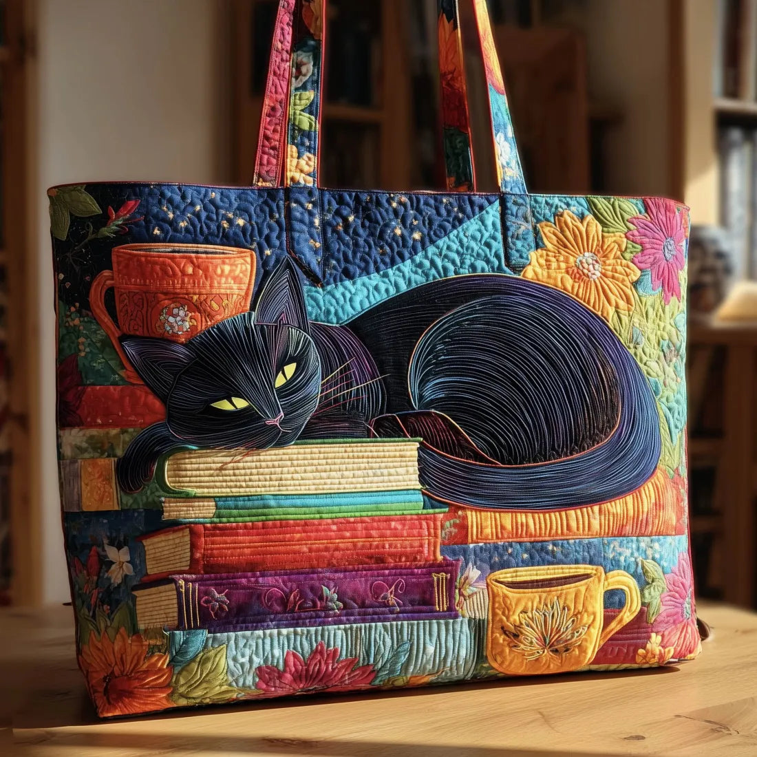 Black Cat with Books and Mugs Quilted Bag